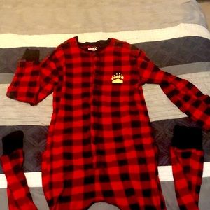 Lazy One Adult Buffalo Plaid Bear Christmas Onesie—Size S